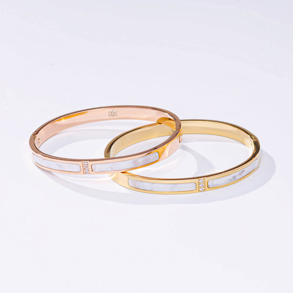 Adora London The Esme Bangle Stainless steel bangle with inlay rhinestones and white marble detailing