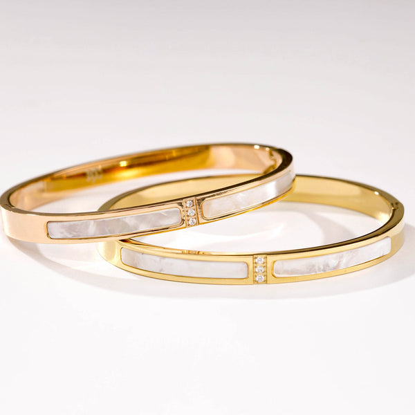 Adora London The Esme Bangle Stainless steel bangle with inlay rhinestones and white marble detailing