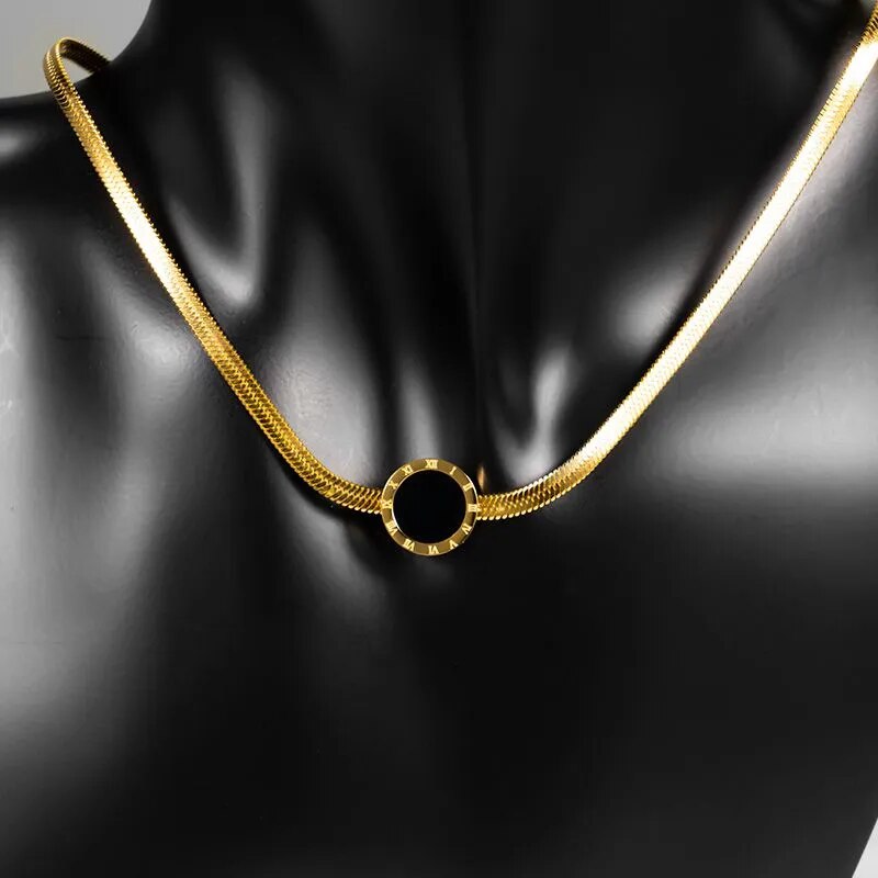 Adora London The Cleo Necklace Round circle detailed neclace gold plated with black inner detailing