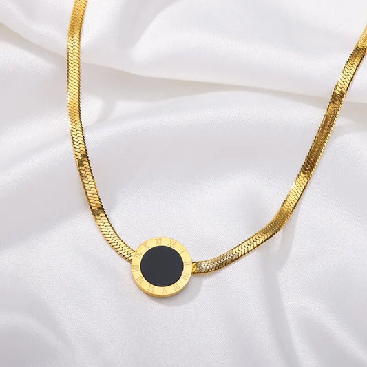 Adora London The Cleo Necklace Round circle detailed neclace gold plated with black inner detailing