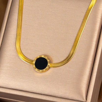 Adora London The Cleo Necklace Round circle detailed neclace gold plated with black inner detailing